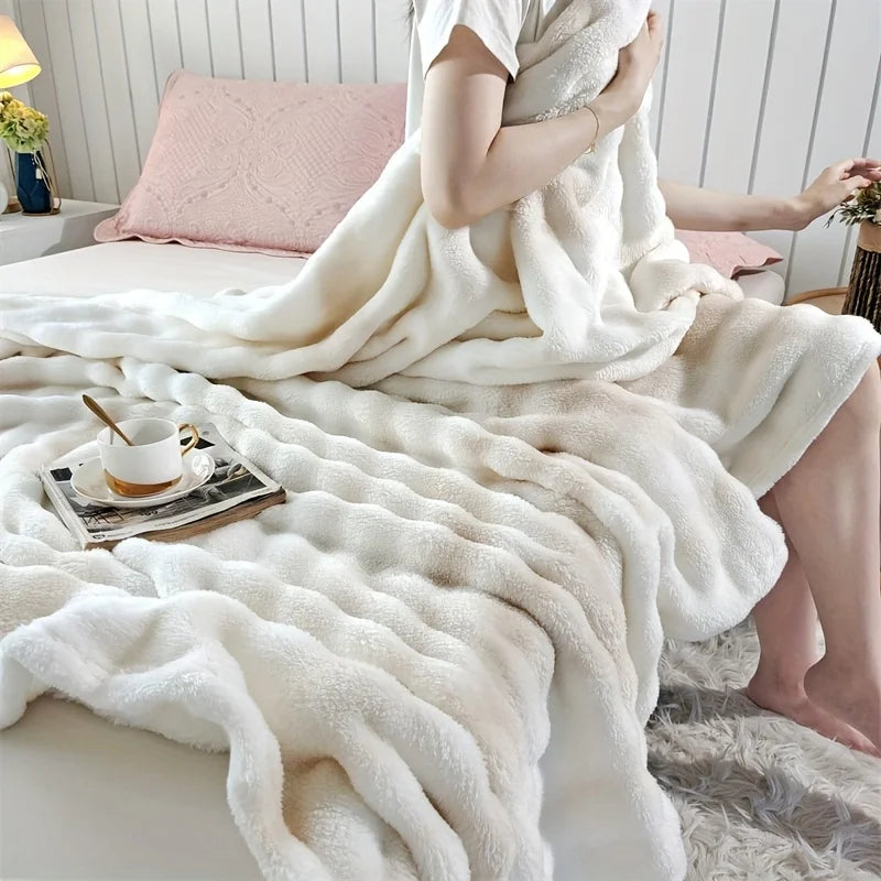 Faux Rabbit Fur Bed Blanket, Soft Thick Plush Throw