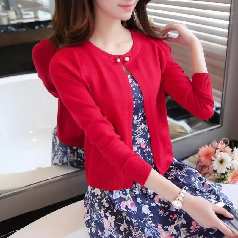 Women's Short Knit Cardigan - Casual Crew Neck Sweater Top - photo 3