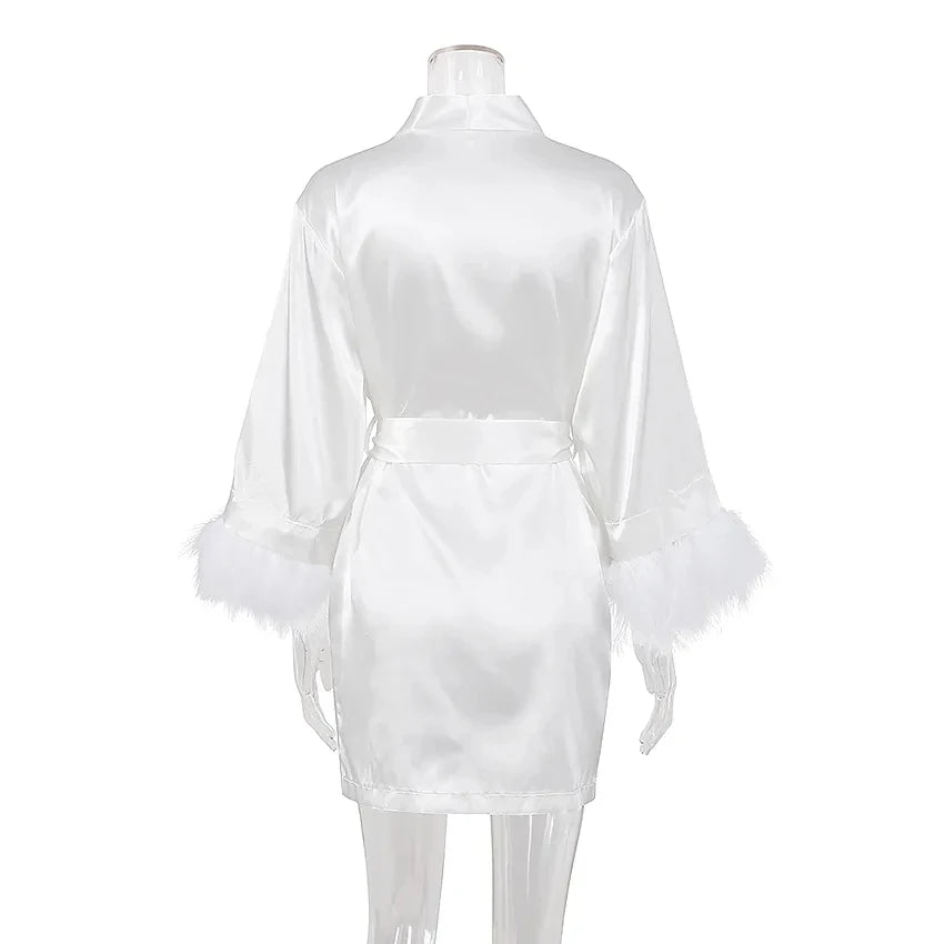 Women's Satin Robe with Feather Trim, Bridal Robe