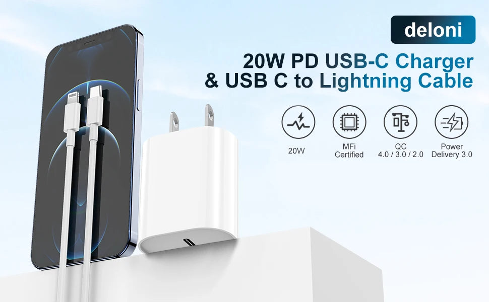 Rapid iPhone Charger, 20W PD USB C Wall Charger with Type C to Lightning Cable, Fast Charging for iPhone 14/13/12/11 and More