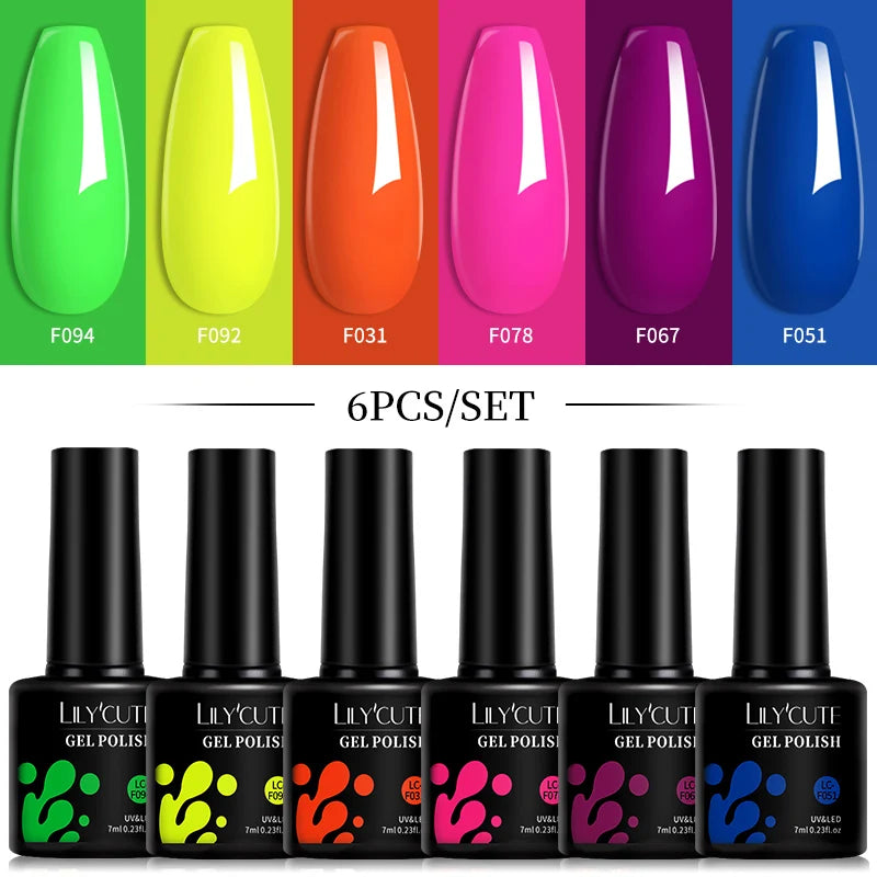LILYCUTE 6Pcs 7ML Gel DIY Nails Polish Set Bright Pink Nail Charms Soak Off UV LED Gel Varnish Nail Art Design Accessories