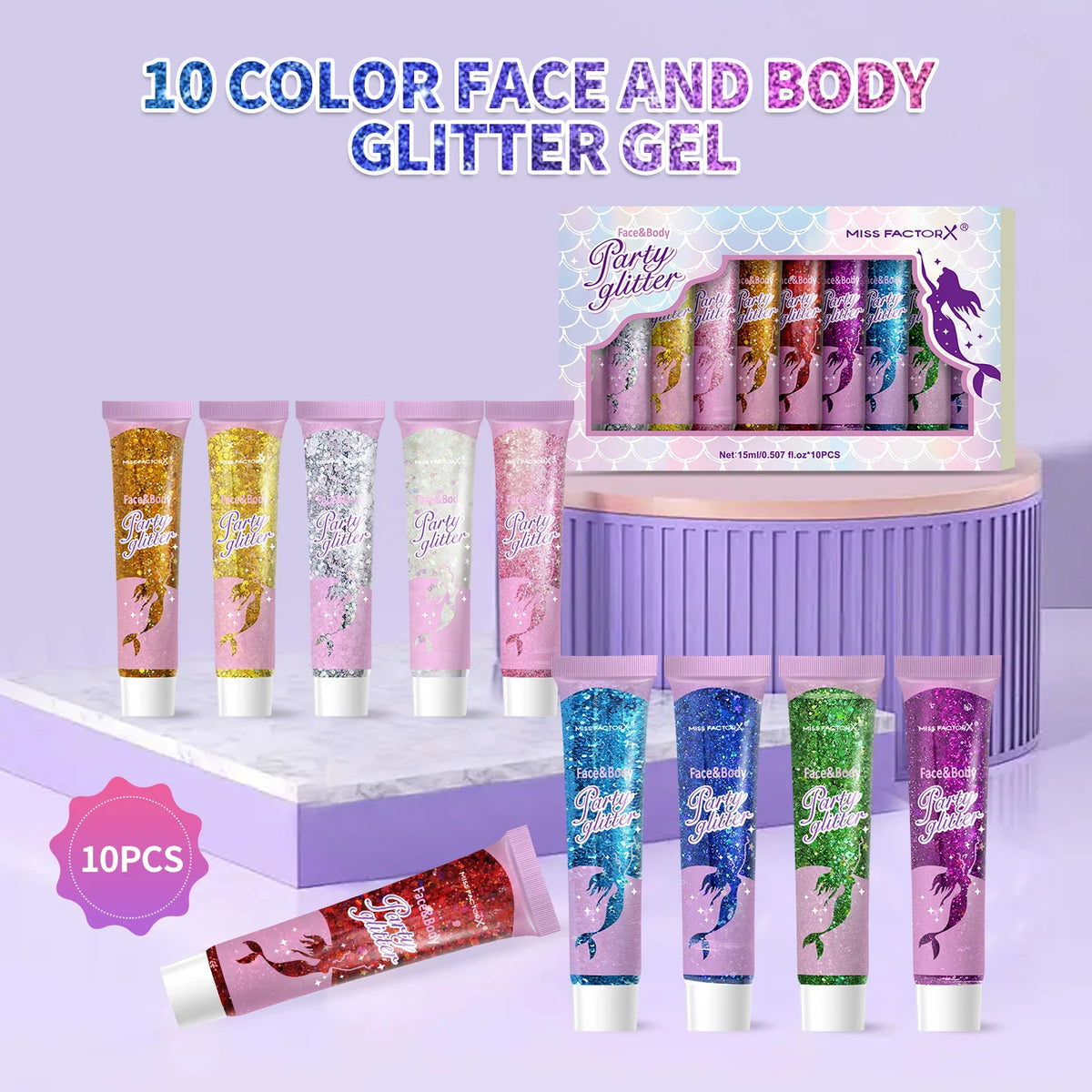 10 Color Suit Face and Body Glitter - Cosmetics Level Holographic Glitter Gel - Suitable for Holiday
