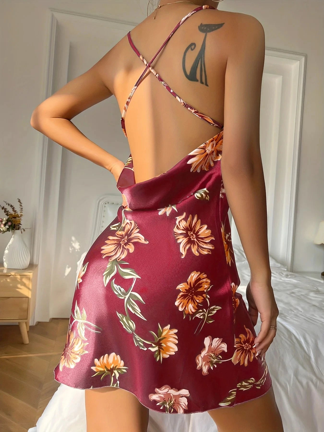 Women's Ice Silk Floral Print Slip Nightdress – Breathable Open Back Split Mid-Calf Pajama Dress | S–XL (9 Colors)