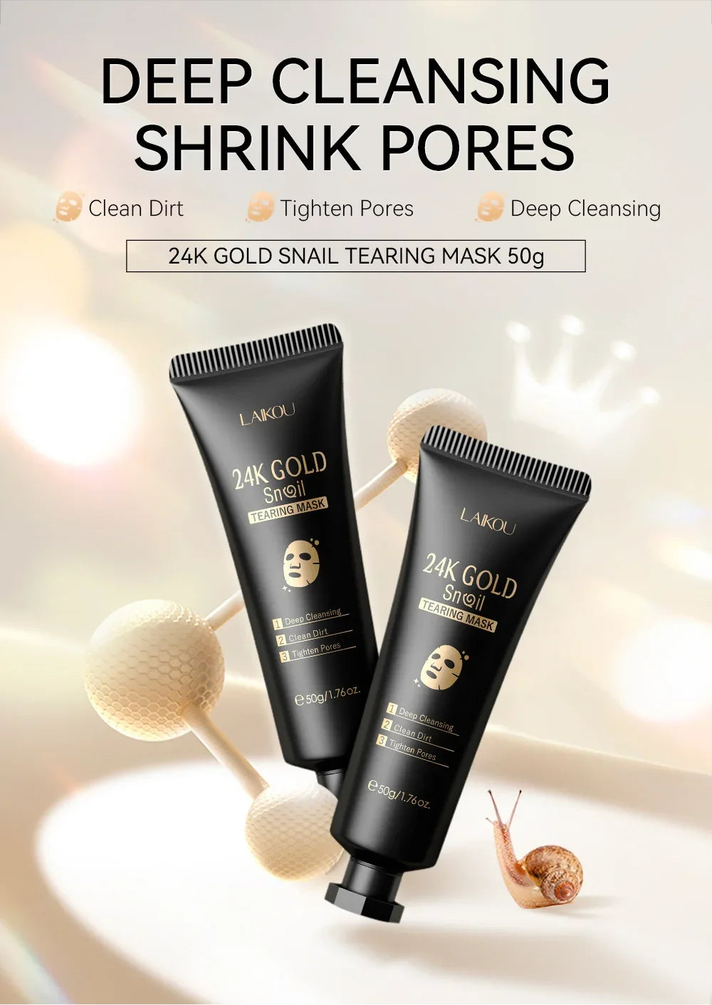 LAIKOU 24K Gold Snail & Collagen Peel-Off Face Mask 50g – Deep Cleansing, Blackhead Removal, Oil Control & Deep Hydration for Women