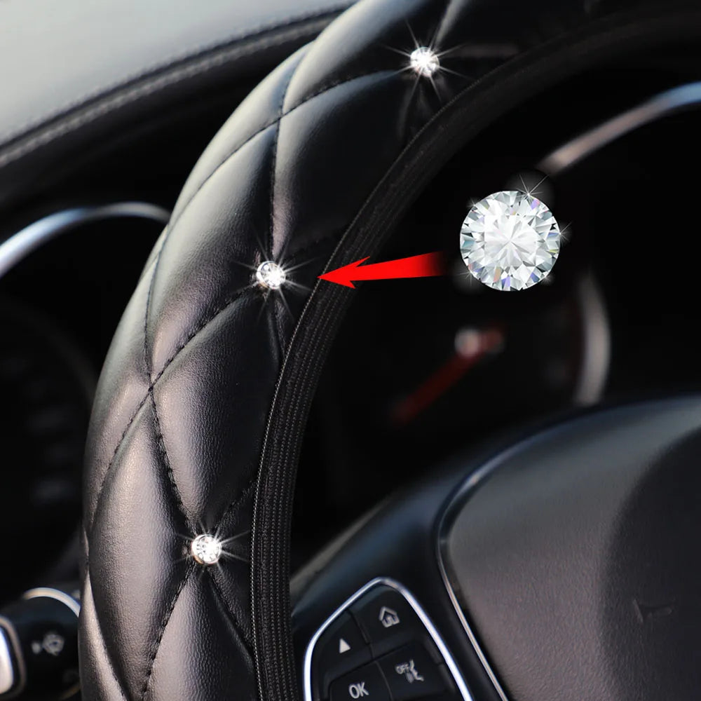 Soft leather diamond-studded crown Blingbling car without inner ring steering wheel cover suitable for 14.5 - 15 inch car access