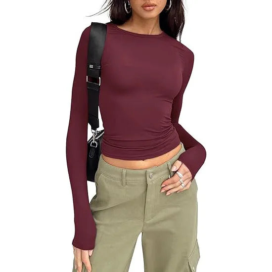 1pcs Four Seasons Fashion Senior Women T-shirt Long Sleeve Crew Neck Solid Slim Fit Tee Ladies Crop Top  Daily Streetwear Camis