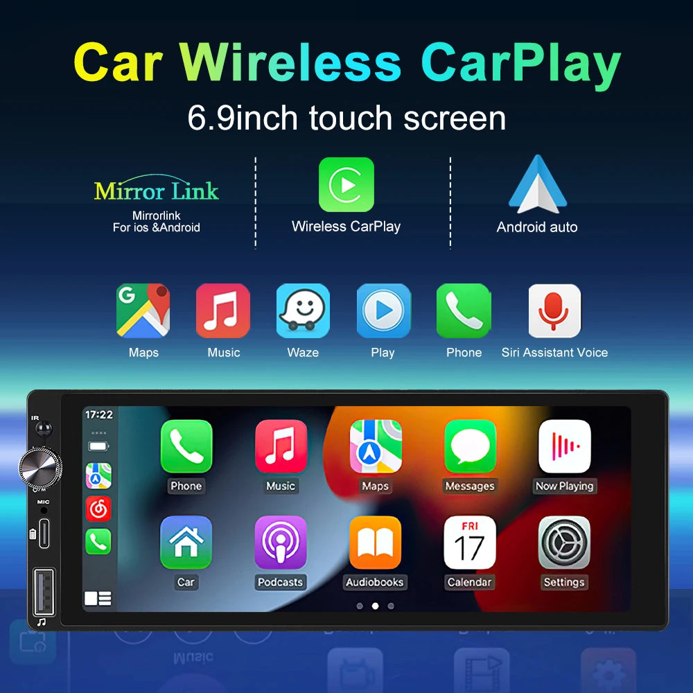 6.9" 1 DIN Universal Car Stereo with Apple CarPlay & Android Auto (MP5)