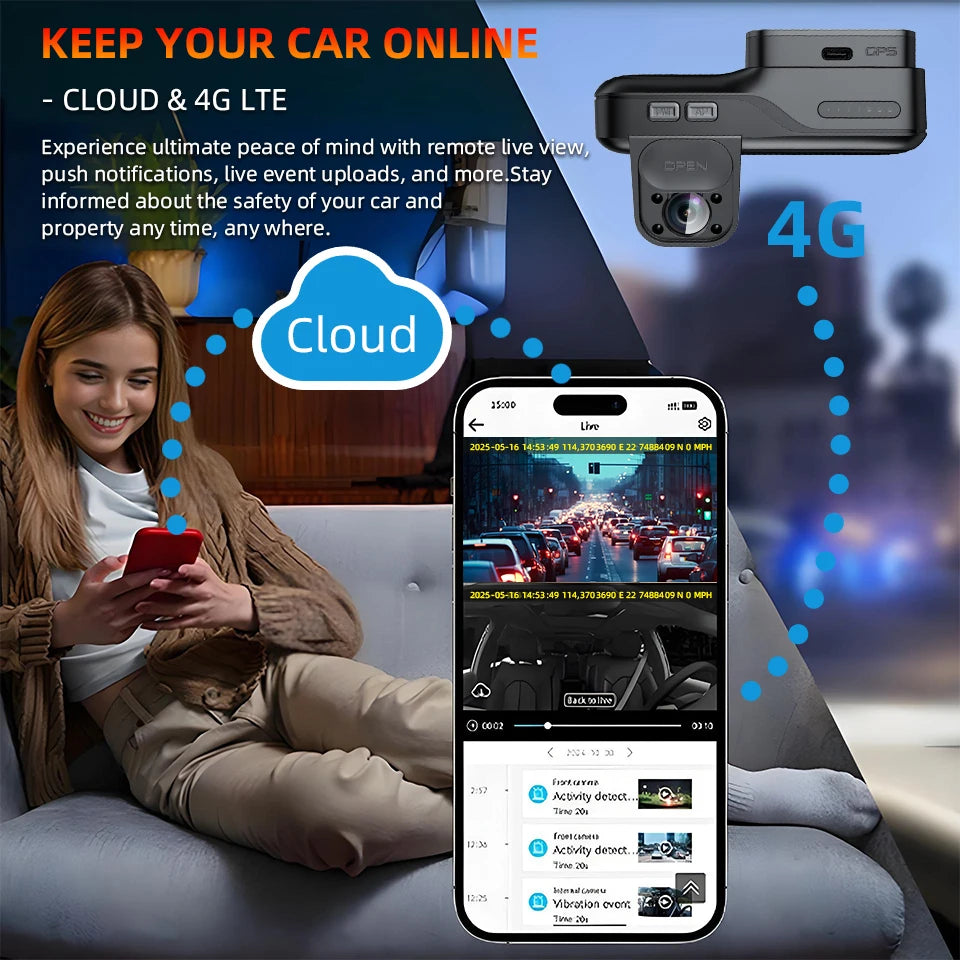 E-ACE 4G LTE Dash Cam Car Black Box Front and Inside Lens GPS Remote Live-View Infrared Night Vision Car Safety Video Recorder