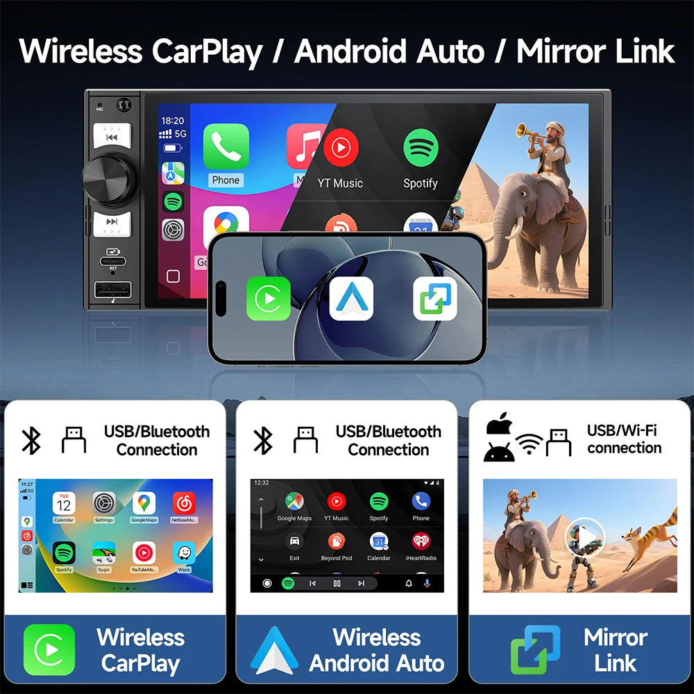 6" 1 DIN Universal Car Stereo with Apple CarPlay & Android Auto (MP5)