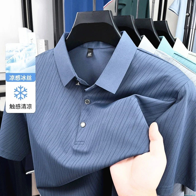 Men's Striped Polo Shirt - Quick-Dry Turn Collar, Moisture-Wicking