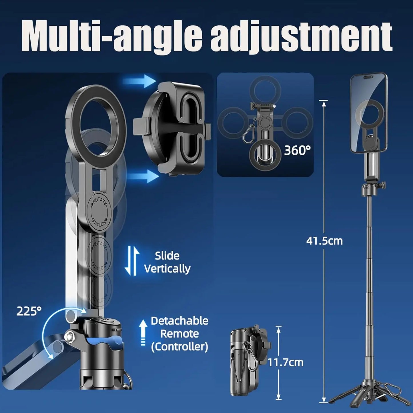 4-in-1 Magnetic Tripod Selfie Stick with Wireless Remote, Extendable Phone Stand for Photos/Live Streaming/Travel