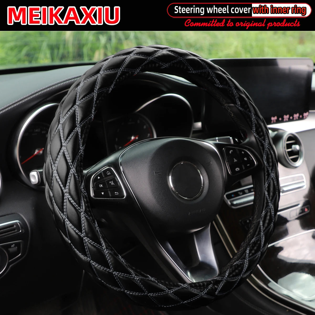 Diamond-Pattern Embroidered PU Sheepskin Steering Wheel Cover Foldable Inner Ring for O-Shaped/D-Shaped Cars - 36/37/38CM