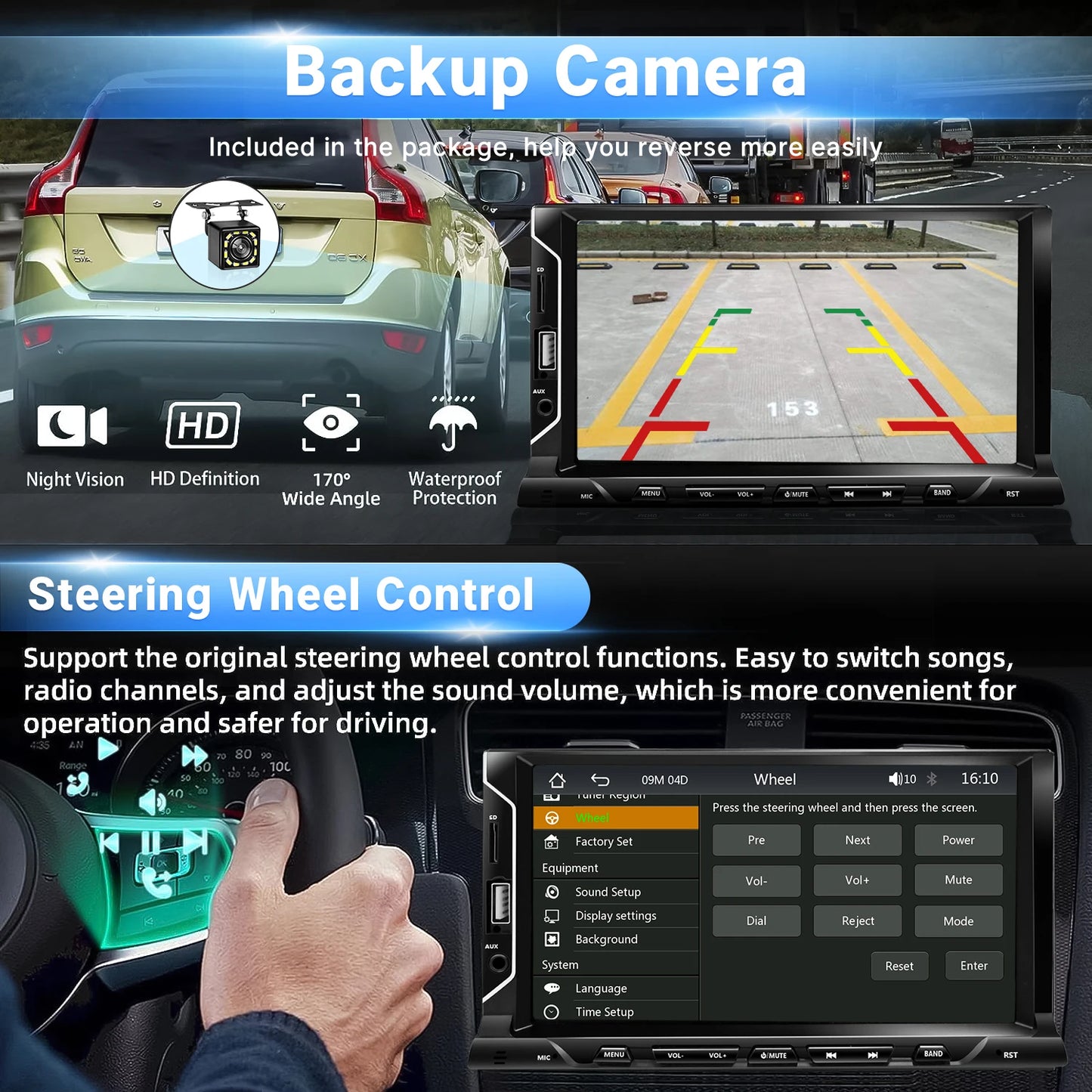 7" 2-DIN Car Stereo with Backup Camera — CarPlay, Android Auto, Bluetooth, Mirror Link, FM/AUX
