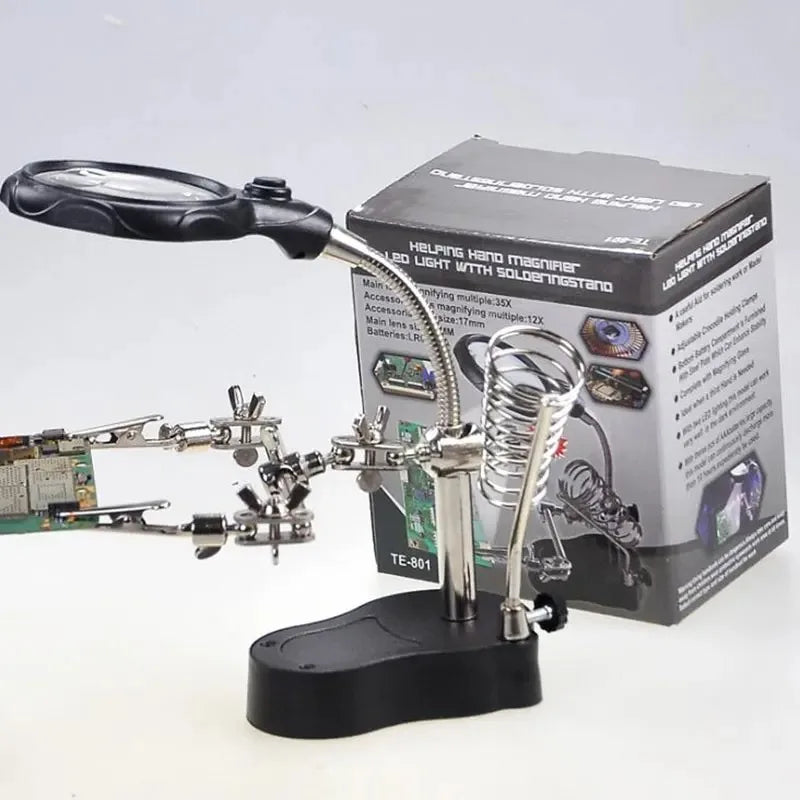 3.5X 12X Helping Hands Third Hand Soldering Iron Welding Stand Station with 2 LED Clip Welding Magnifier Magnifying Glass