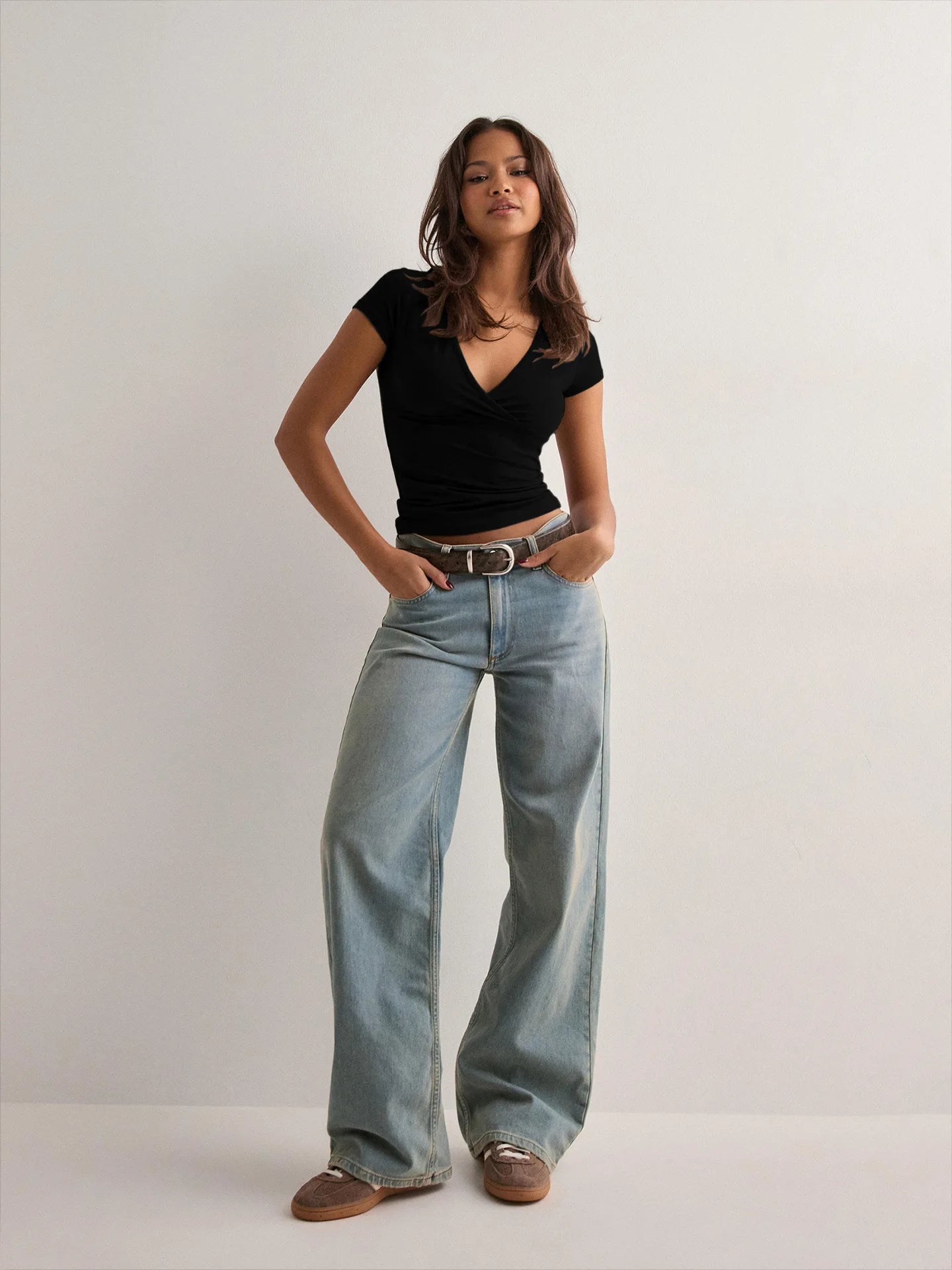 2026 Summer New Fashion Women's T-Shirt Solid-Color Slim-Fit V-Neck Short-Sleeve Top Y2k Clothing