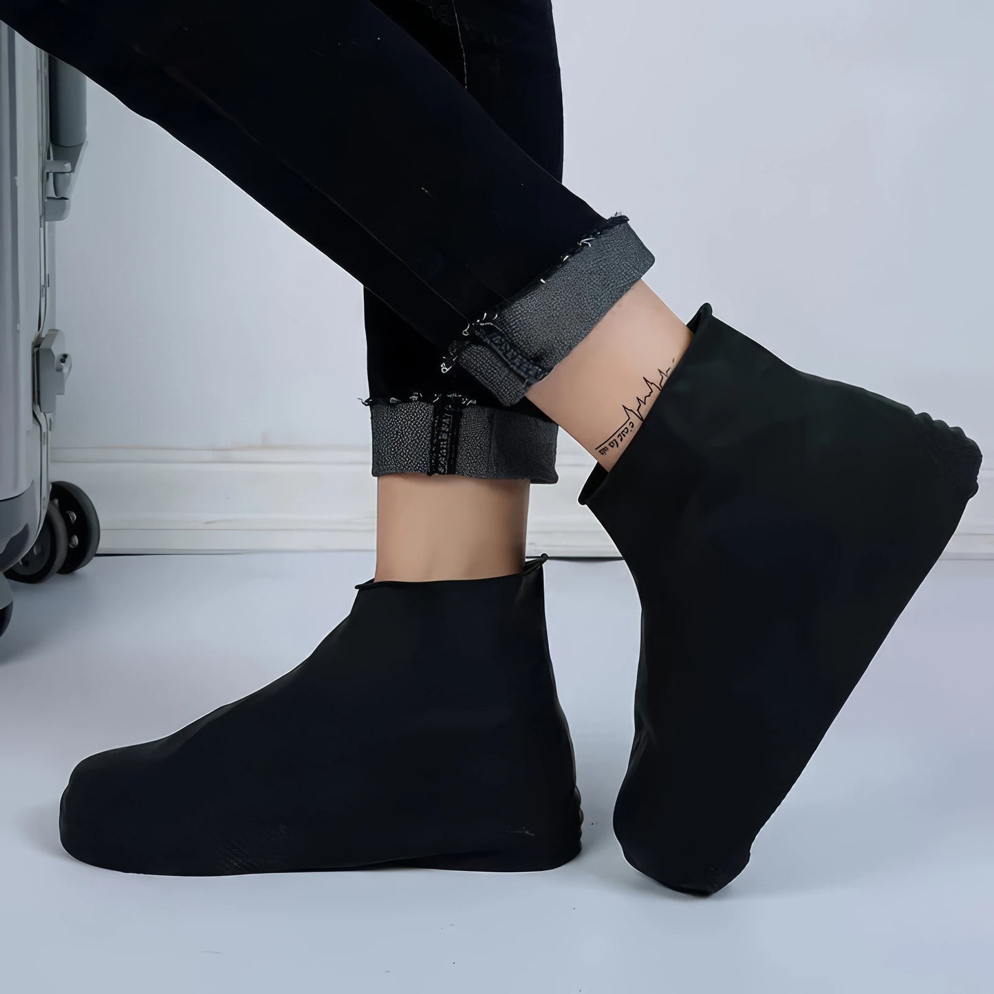 Black Latex Waterproof Shoe Covers - Heavy Duty Anti-Slip Rain Boots for Hiking, Cycling & Daily Use