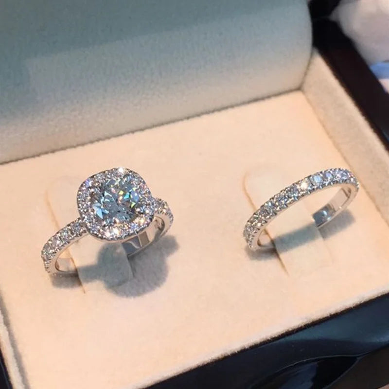 Silver-Tone Princess Ring with White Zircon for Women - Wedding Set
