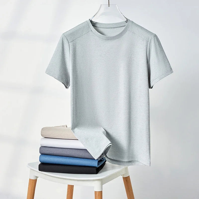 Men's Melange Crew-Neck Tee - Perforated Mesh, Breathable Slim Fit