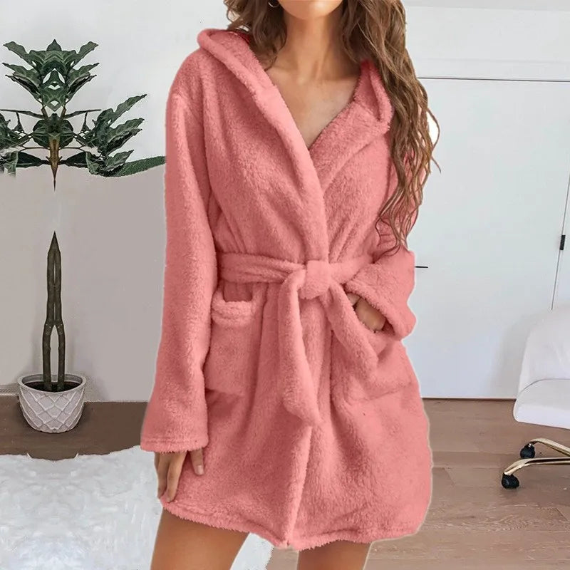 Women's Short Plush Hooded Bathrobe