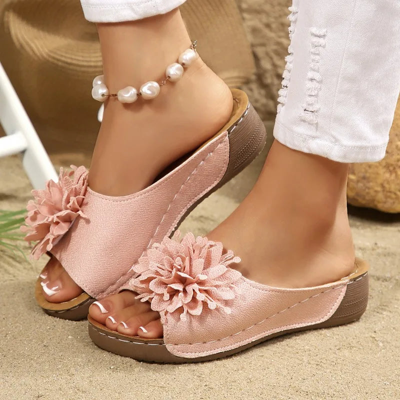 Floral Wedge Sandals for Women — Slip-On Comfortable Summer Casual Shoes