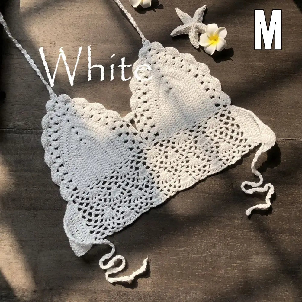 Sexy Beachwear Halter Neck Vest Crochet Crop Top Knit Bralette Bra Boho Beach Camisoles Bikini Tank Backless Tops