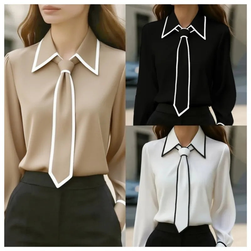 Women's Bow Tie Office Blouse - Long Sleeve Contrast Trim Shirt - photo 3