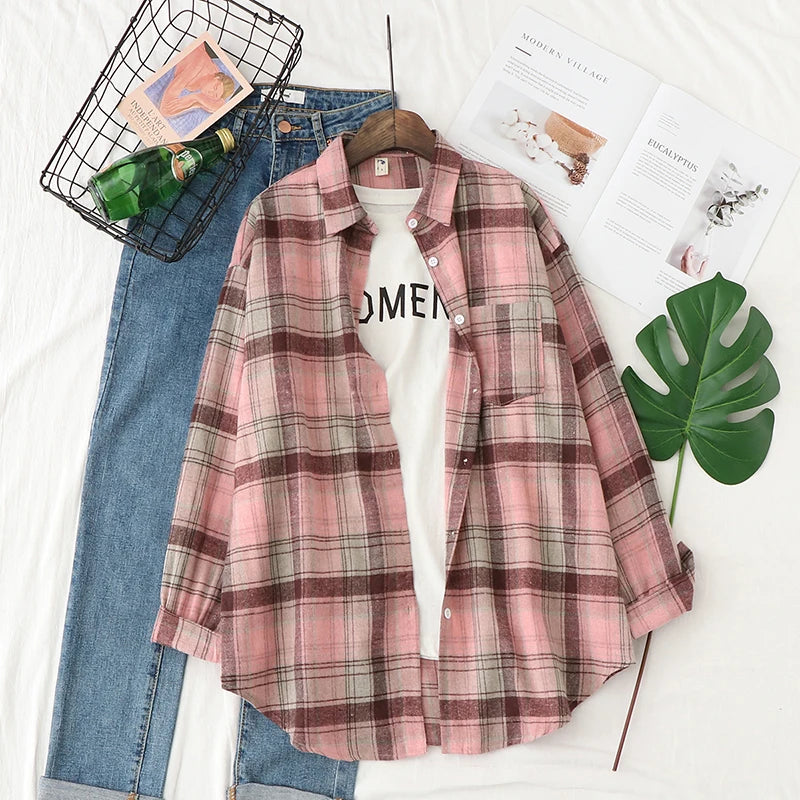 Women's Plaid Long Sleeve Shirt - Loose Casual Button-Up Blouse - photo 19
