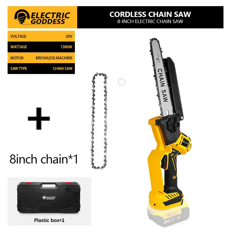 Electric Goddess Brushless 6/8in Electric Chainsaw 1380W Cordless Woodwork Cutting Garden Pruning Saw For Dewalt 20V Battery Pin