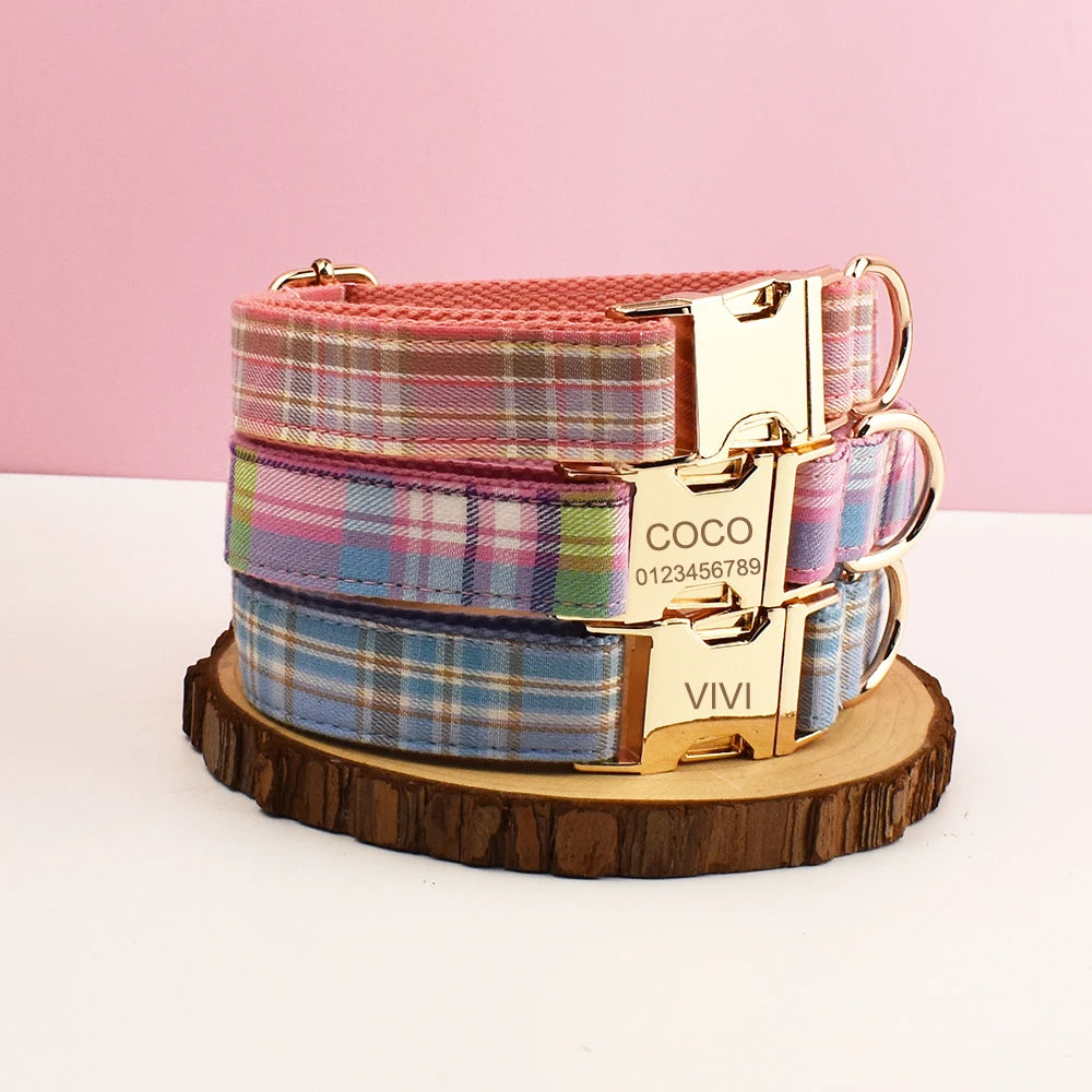 Padded Dog Collar & Leash Set - Plaid & Velvet Bow Styles, S-XL