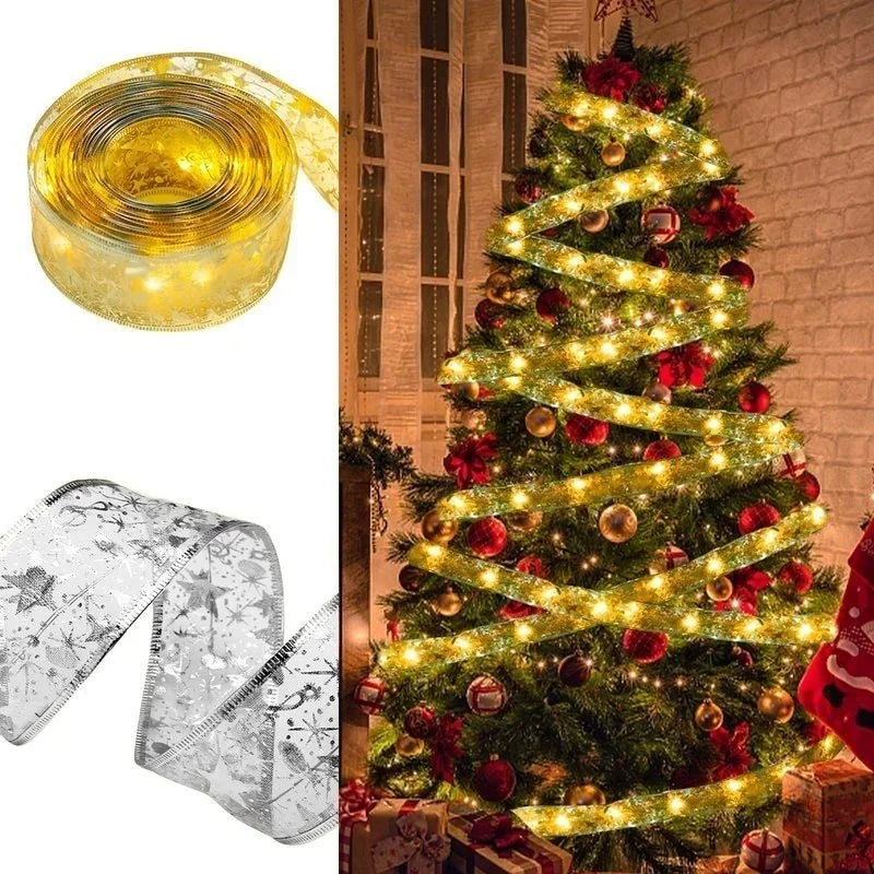 1/2/5/10M Christmas Tree Ribbon Fairy Lights, Indoor DIY Bows String Light Battery Powered for Christmas Tree New Year Decor
