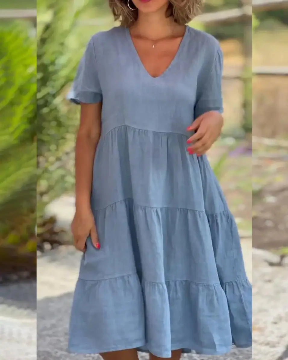 Cotton Linen Casual Women's Dresses 2026 Spring/Summer Sweet  Short Sleeve Solid V-neck Large Swing Loose Dress  S-5XL
