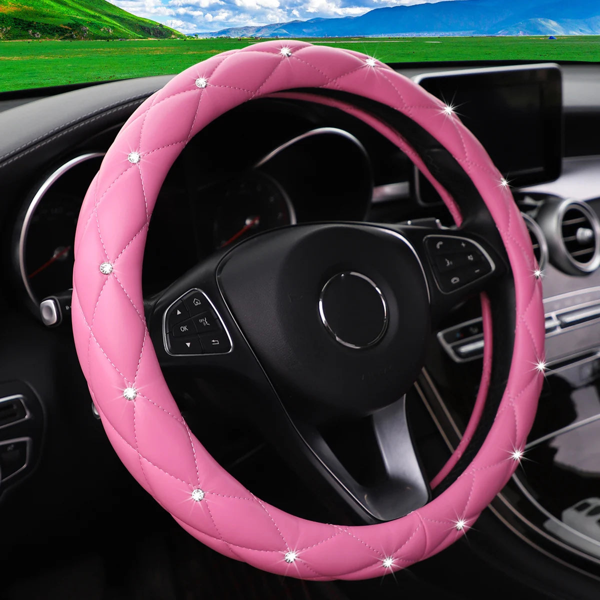 Soft leather embroidered stereo diamond-studded car steering wheel cover with inner ring fits 14.5-15 inches