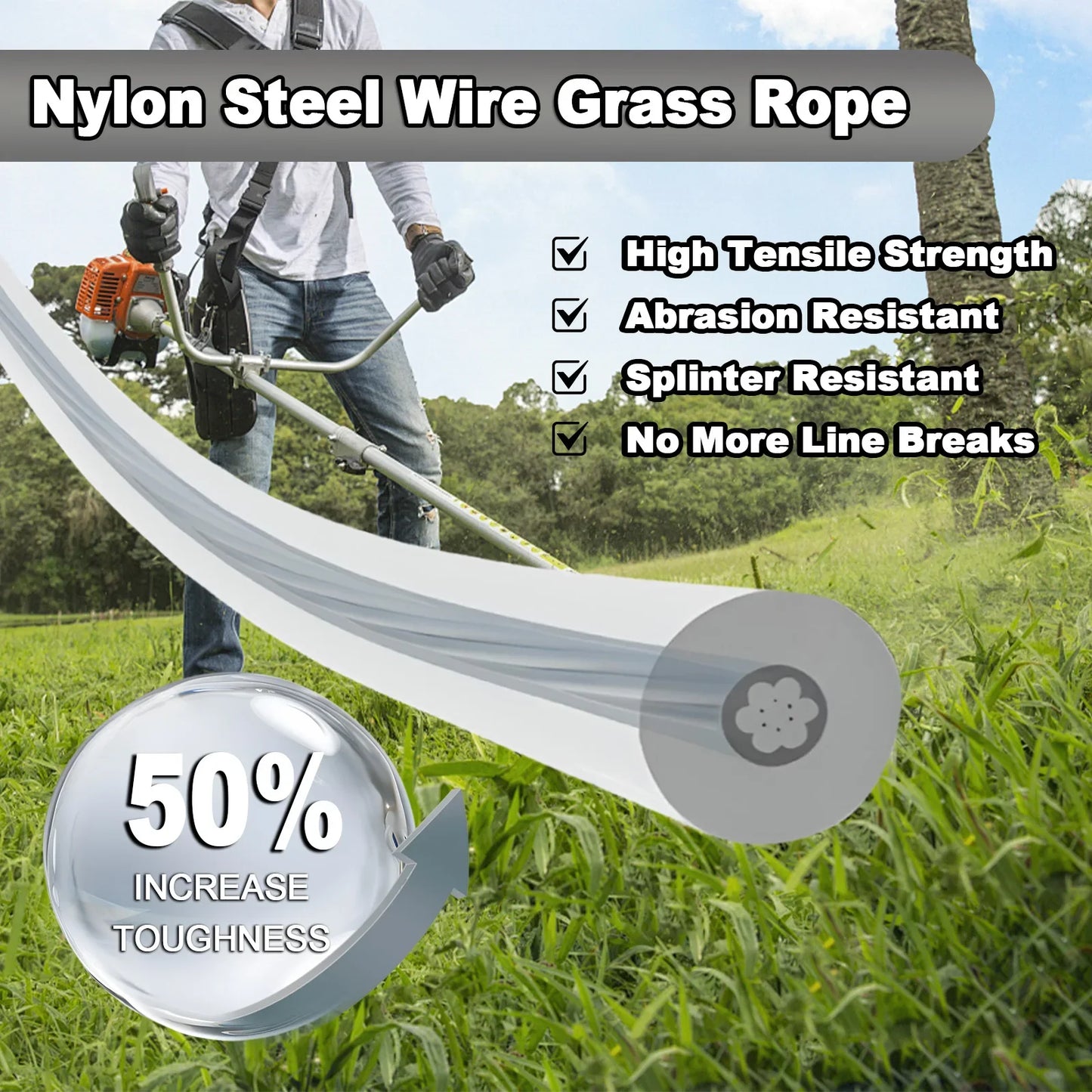 2.4/2.7/3.0/4.0mm*15m Steel Wire Nylon Grass Trimmer Line Brushcutter Trimmer Rope Lawn Mower Cord Durable Steel Trimmer Line