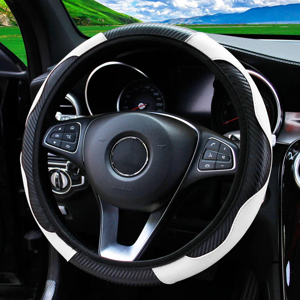 Carbon Fiber PU Leather Steering Wheel Cover – Universal Fit 14.5–15 Inch | Anti-Slip Car Interior Accessory