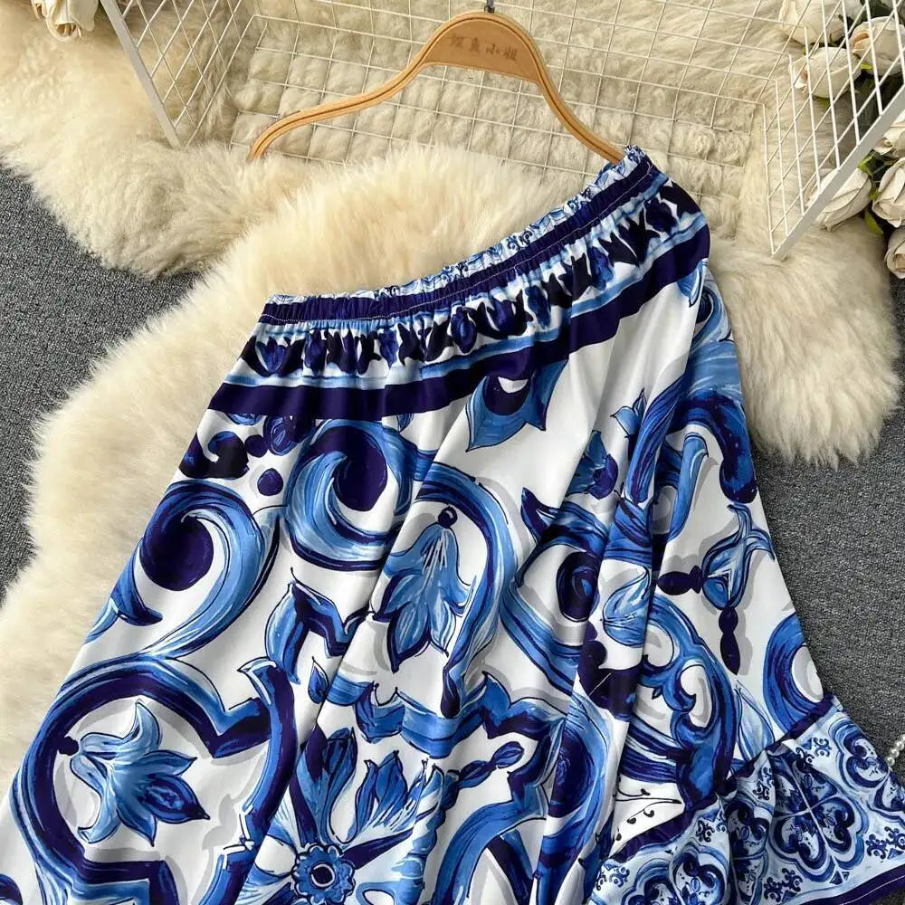 Summer Long Dress Women Runway Blue And White Porcelain Asymmetry Sexy Off The Shoulder Ruffles Hem Loose Robe Maxi Vestidos