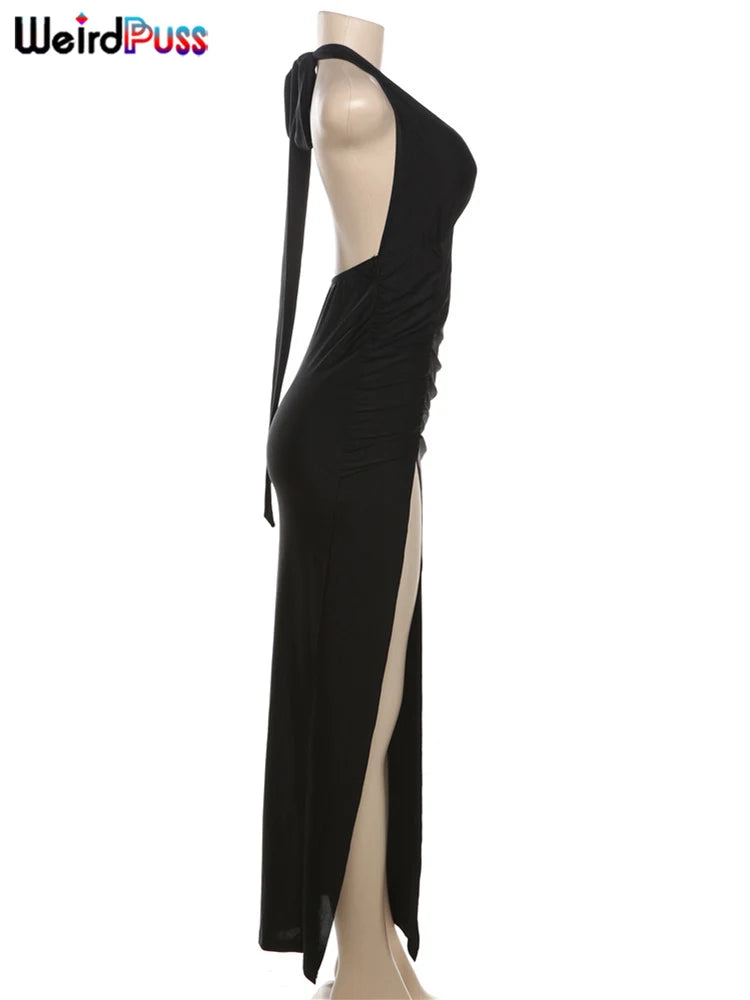 Weird Puss Halter Backless Dress Women Summer Trend Elegant Side Split Deep V-Neck Long Bodycon Midnight Party Ruched Vestidos