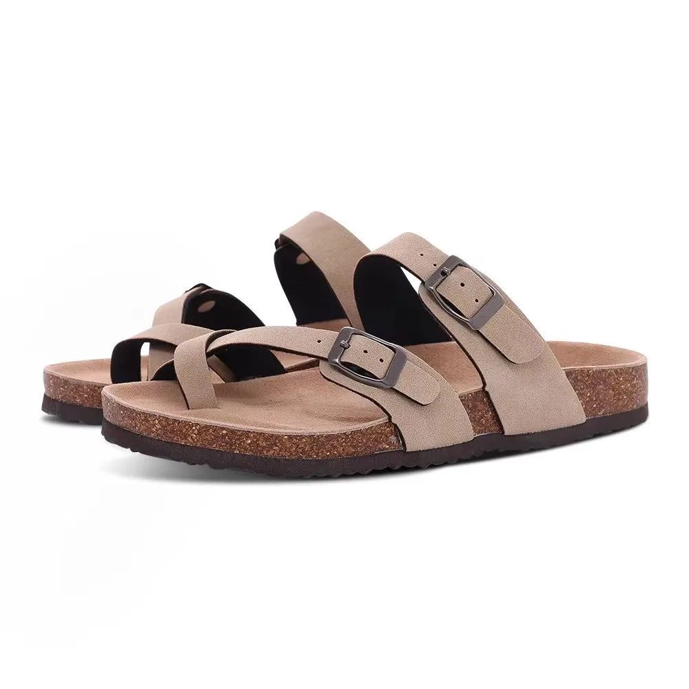 Crestar Women Cork Footbed Slippers Summer Couple Adjustable Double Buckles Flat Sandals Outdoor Cork Beach Slides With Open Toe