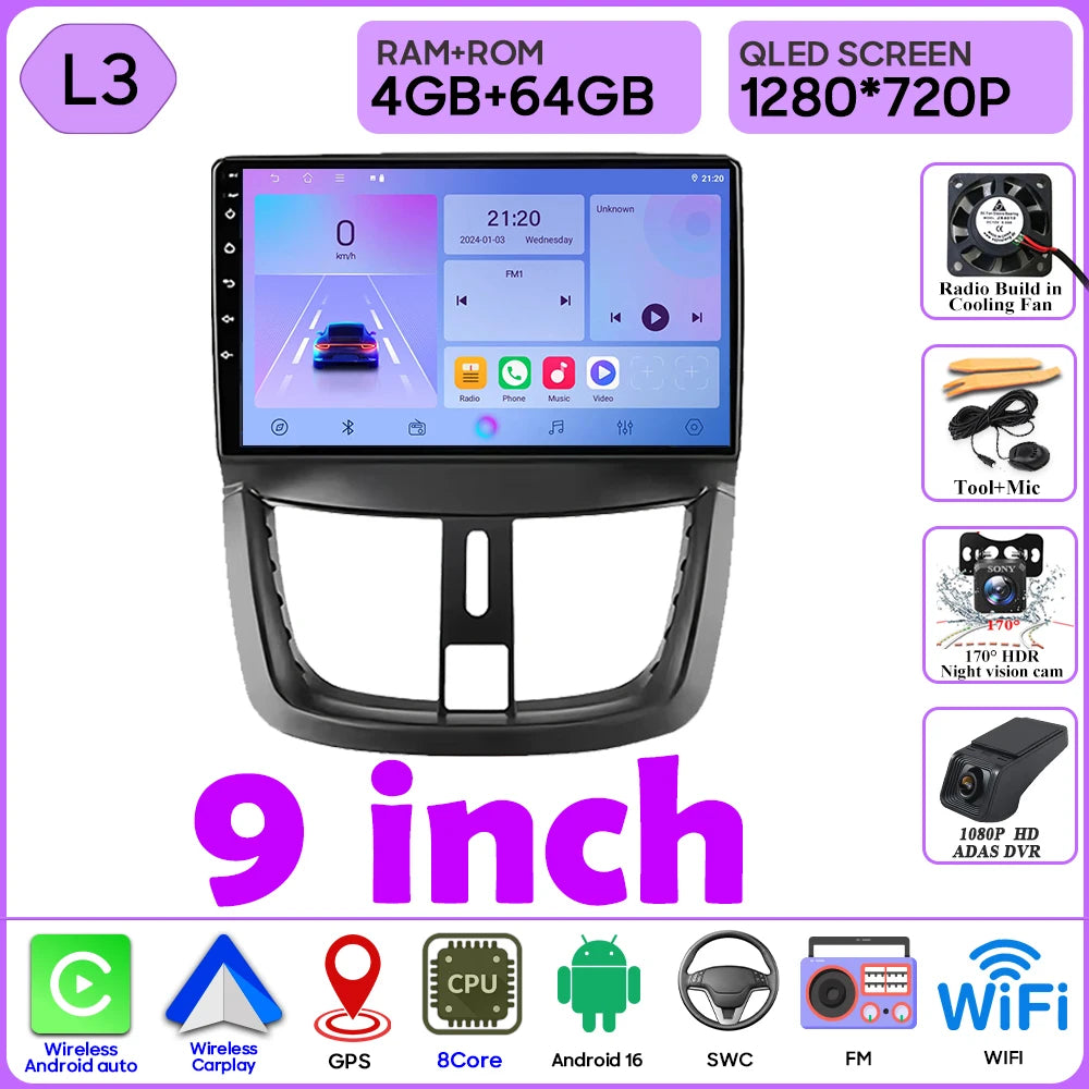 Car Radio Android 16 For Peugeot 207 207CC 2006 - 2015 Carplay Video GPS Navigation Multimedia Player DVD No 2din 4G Wifi BT RDS