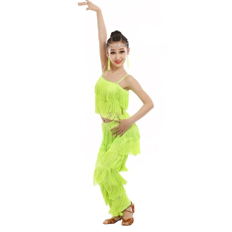 Fringe top and pants Latin dance set for kids and adults