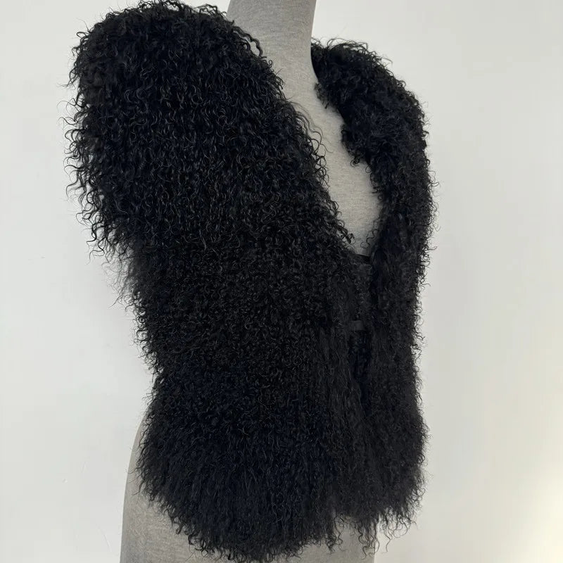 Fluffy Luxury  Real Mongolian Fur Halter Vests Women Solid Deep V-Neck Backless Bandage Sleeveless Jackets Top Outerwear Coat