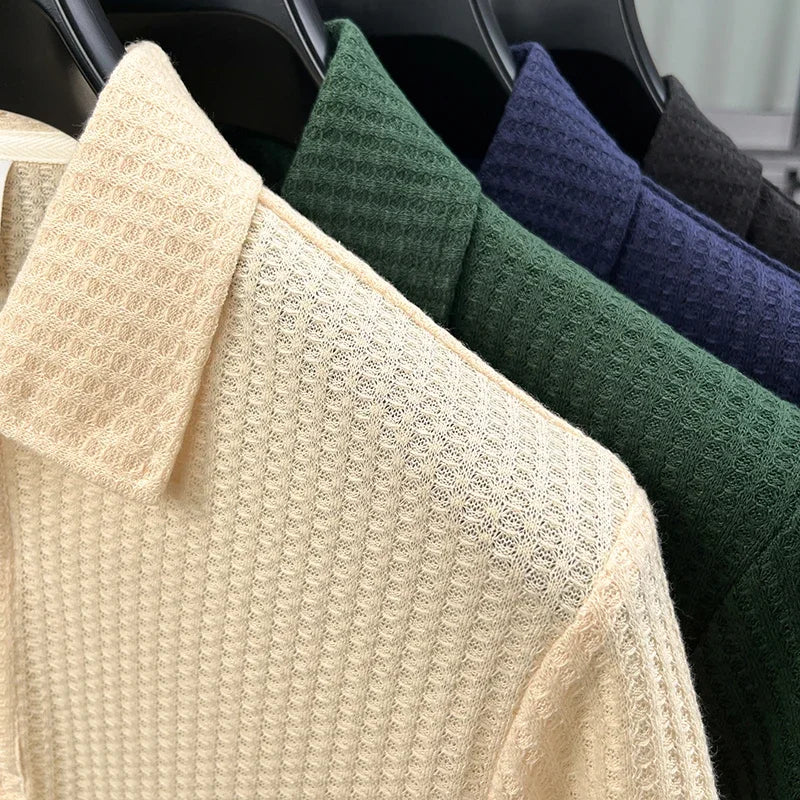 Men's Thin Waffle-Knit Polo - Slim Elastic, Three-Button Lapel