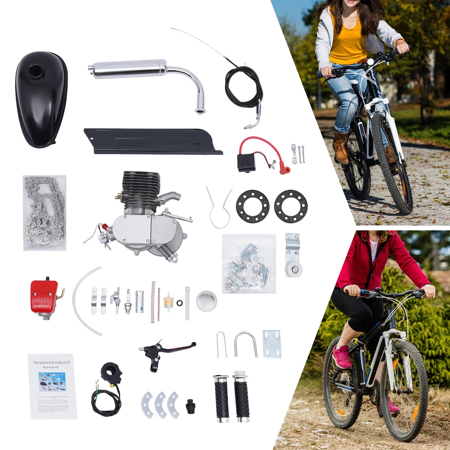 2-Stroke 100cc Bicycle Gasoline Engine Kit,36/44 Teeth Gas Motor,Petrol Engine W/ Air-Cooling System for Most 26" Or 28" Bike