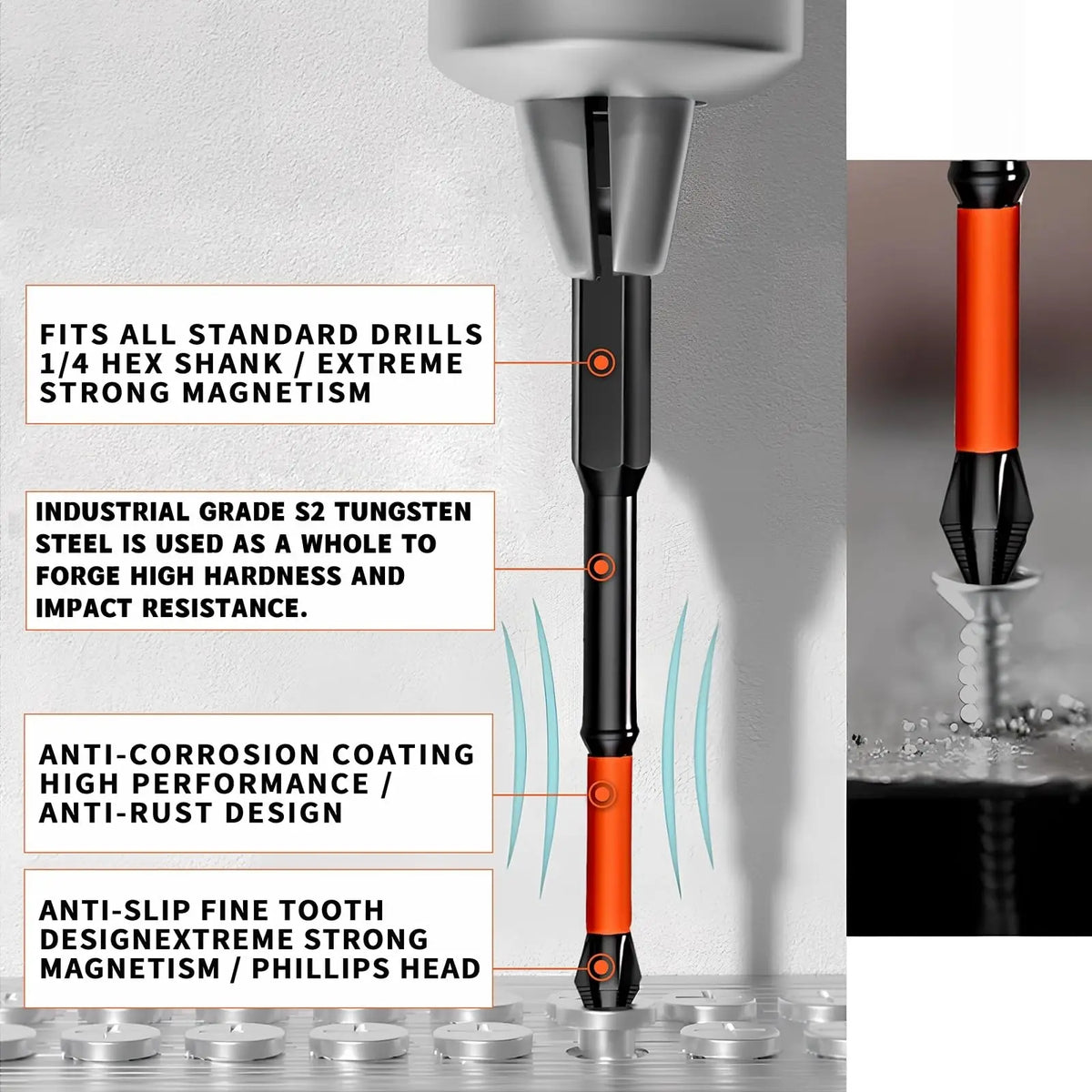 Magnetic Screwdriver Bit Set 12 Pc, S2 Steel Anti-Slip Impact