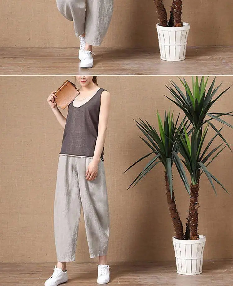 Loose Wide Leg Cotton Linen Pants High Waist Nine Points Women's plus Size Summer New Sle Casual Trousers Versatile Loose Fit