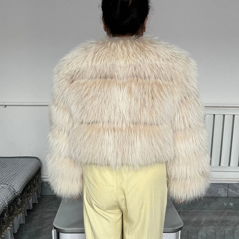 Women's Short Raccoon Fur Coat, Winter Jacket