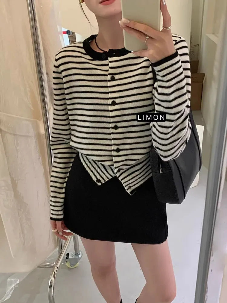 Women's Striped Cropped Knit Cardigan - Round Neck Button Sweater - photo 8