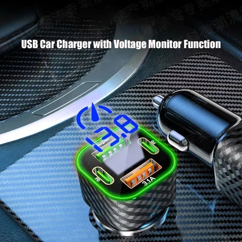 USB-C Car Charger 4-in-1 Dual PD Fast Charge with Voltage Display – iPhone, Samsung, Xiaomi