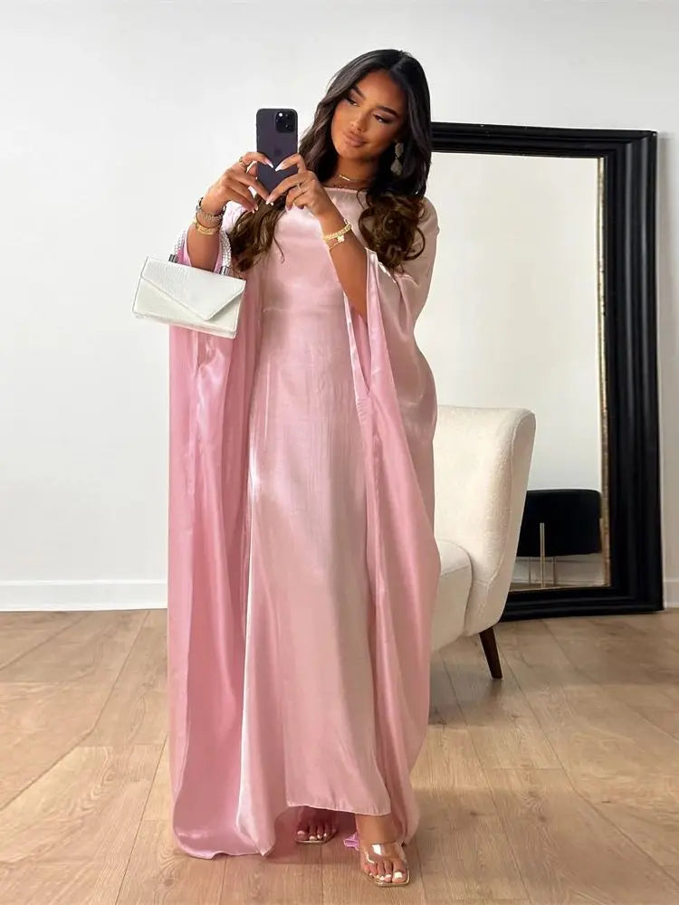 Shimmer Batwing Satin Abaya – Luxury Muslim Kaftan Dress for Eid & Ramadan