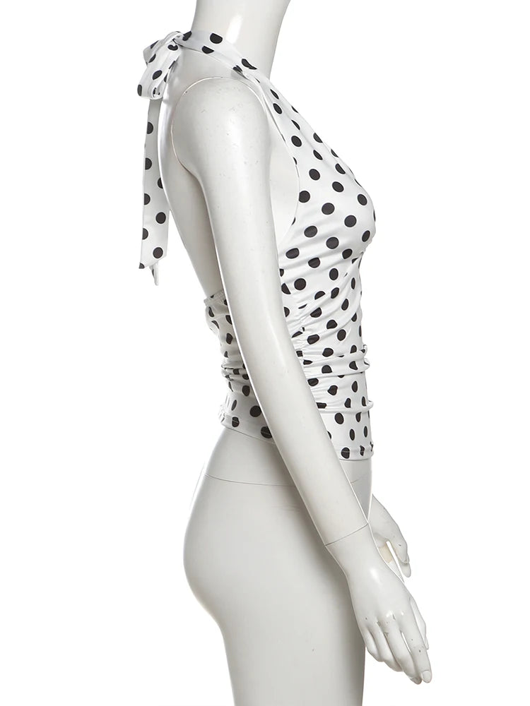 Women's Polka Dot Halter Tank Top – Lace-Up Backless V-Neck Skinny Y2K Streetwear Vest