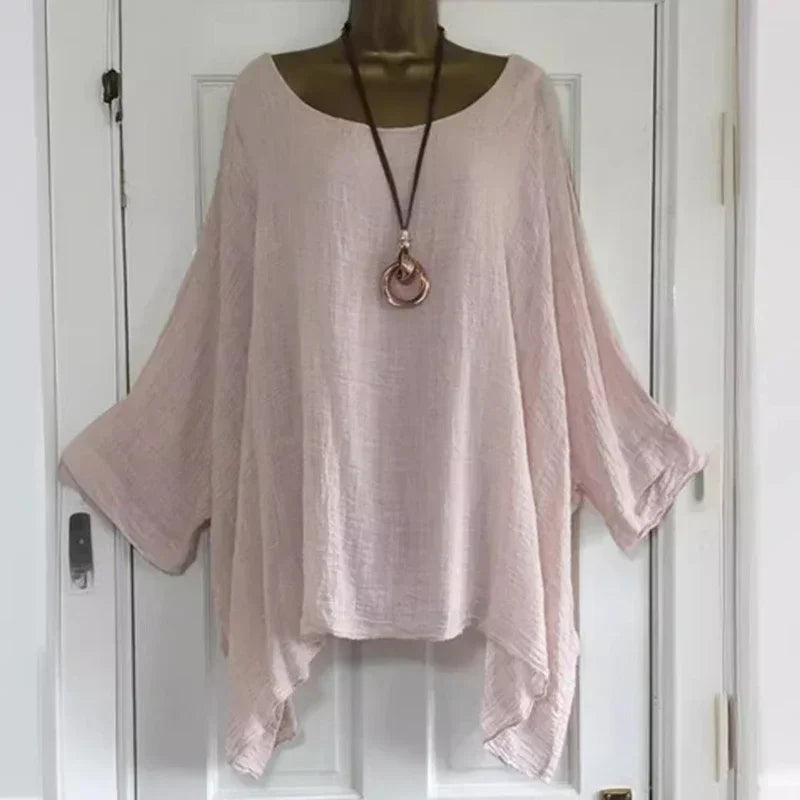 Women's Plus-Size Linen T-Shirt — Loose Batwing Long-Sleeve Top (to 5XL)
